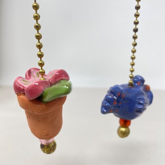 Clay Art Light Fan Pull Chain Set of 2 Fish Potted Plant Decor Artsy Painted - Picture 3 of 6